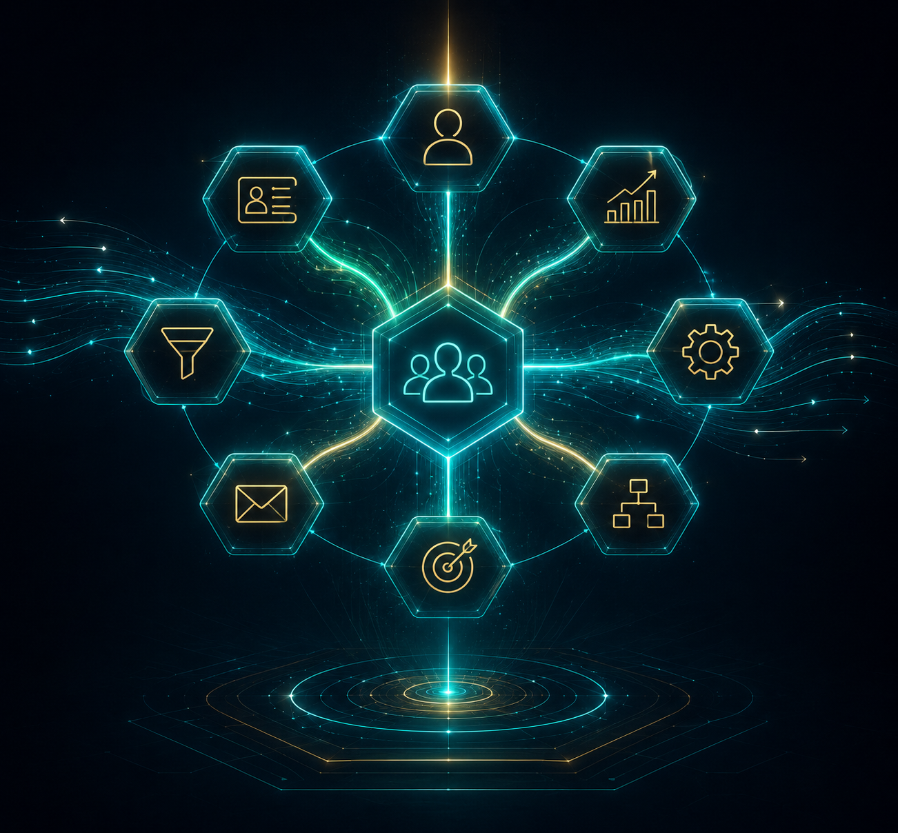 Digital illustration representing HubSpot CRM architecture, workflow automation and connected business systems.